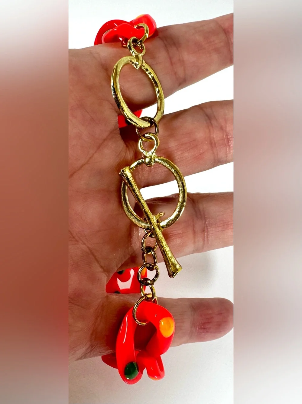 Bright Orange Acrylic Chunky Chain Bracelet with Yellow & Green Accents #1740